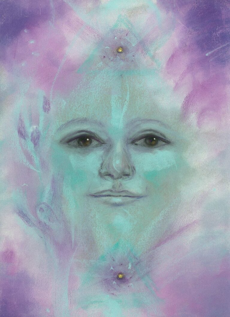 Illustration. Tonia's face emerging out of ethereal turquoise and purple colors.