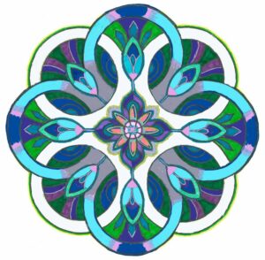 Hand-colored mandala with 4 lobes overlapping 4 lobes. Green and purple and turquoise.